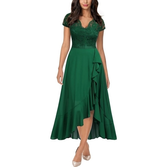 Miusol Green Faux Wrap Ruffle Dress Scalloped Neck HiLo Cap Sleeve sz XXL= US L - Picture 3 of 9